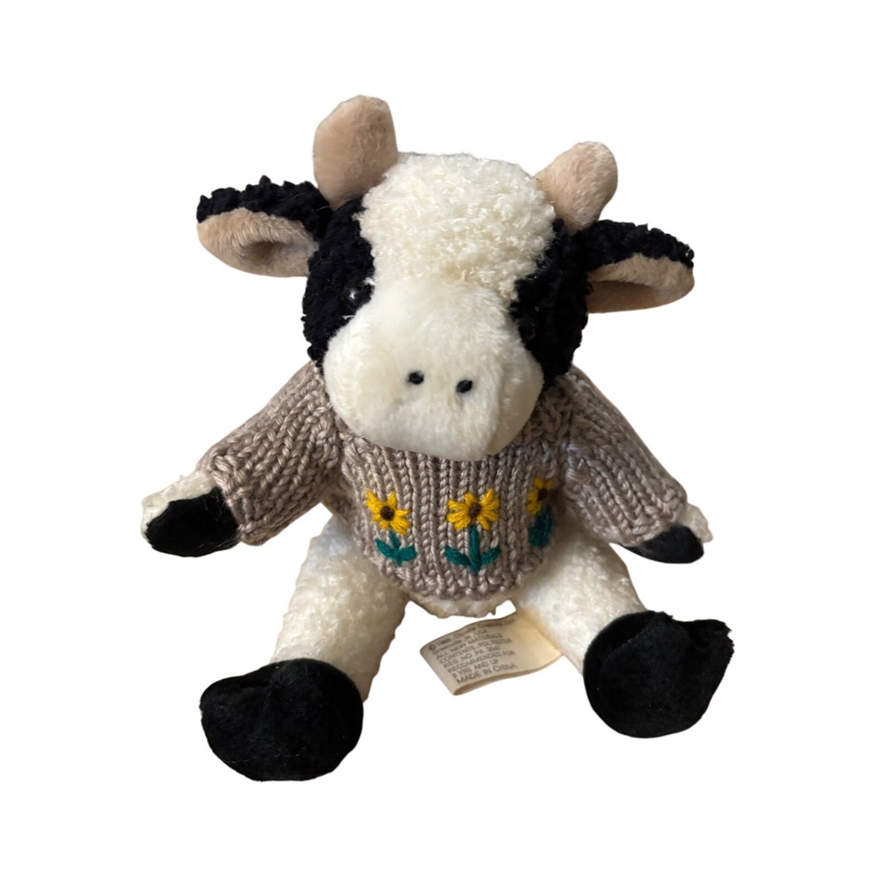 Vintage 1988 Chrisha Playful Plush Cow in Sunflower Sweater Black White 7 inch